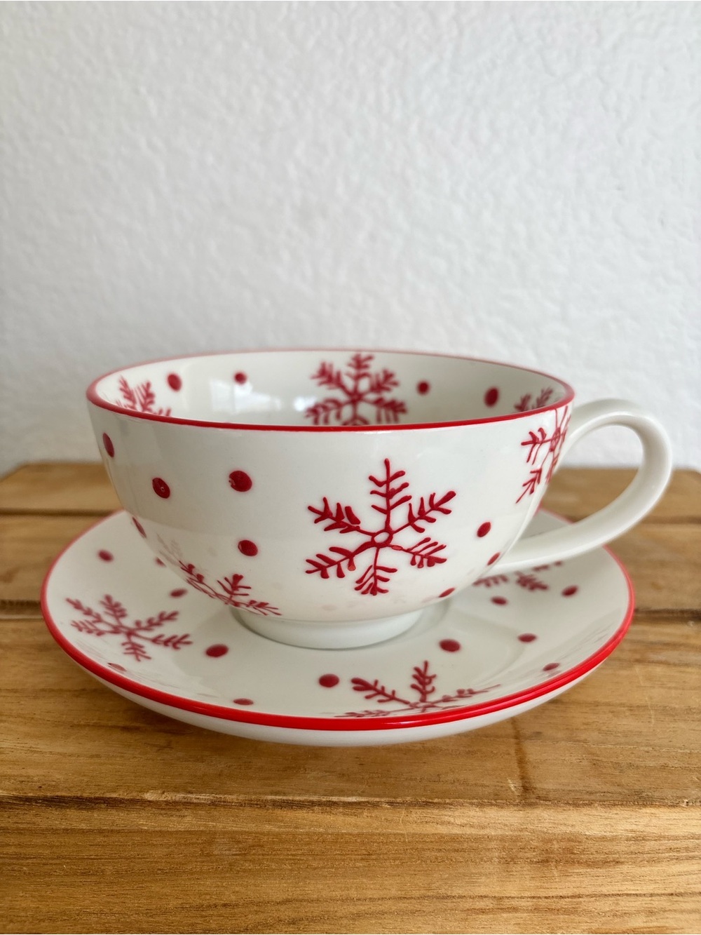Signature Housewares Christmas Mug Saucer Set Red White Snowflake Polka Dot
